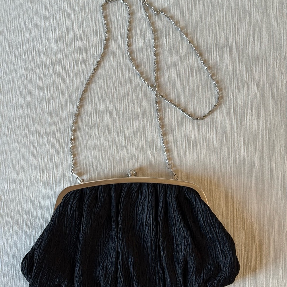 Neiman Marcus Black Textured Clutch with Silver Chain